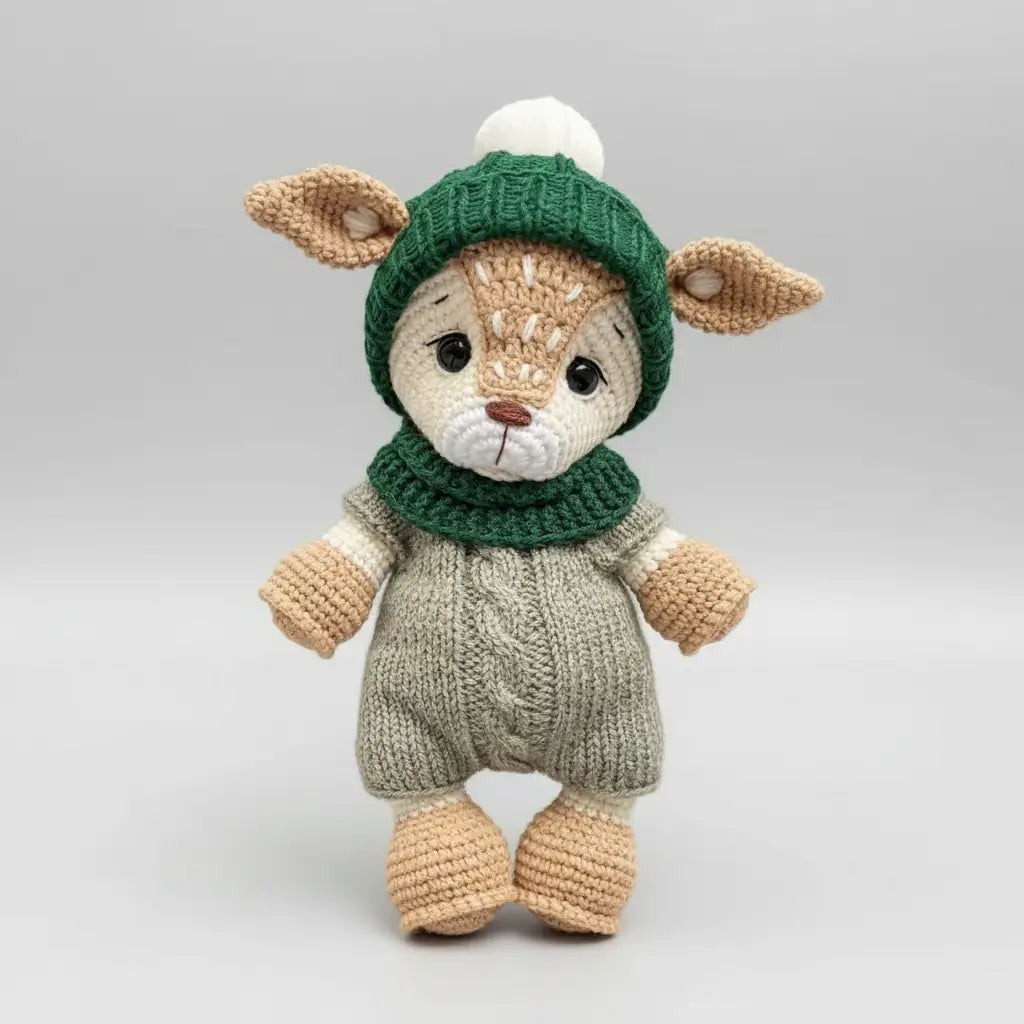 Handmade Crochet Deer Toy in Green Hat