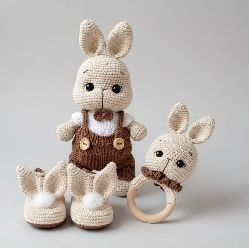 Handmade Crochet Newborn Bunny Gift Set (3pc) – Brown Jumpsuit and White Tshirt, Baby Shower Gift