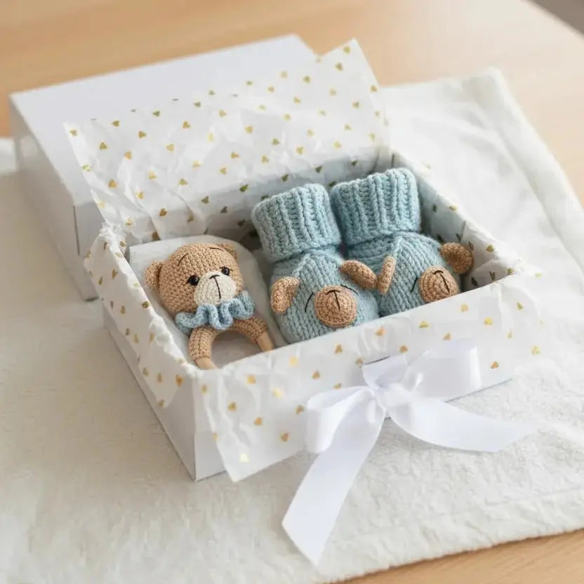 Handmade Crochet Newborn Bear Rattle & Booties Gift Set – Baby Shower Gift