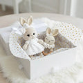 Handmade Crochet Newborn Bunny & Rattle Gift Set (2pc) – White Dress, Baby Shower Gift