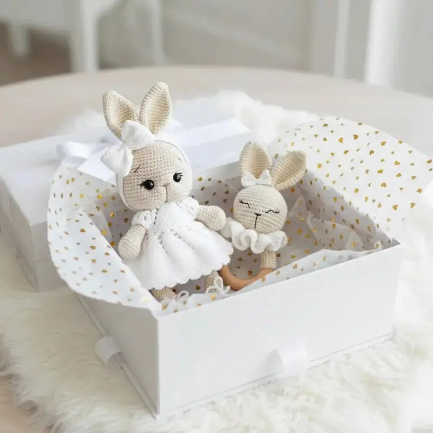 Handmade Crochet Newborn Bunny & Rattle Gift Set (2pc) – White Dress, Baby Shower Gift