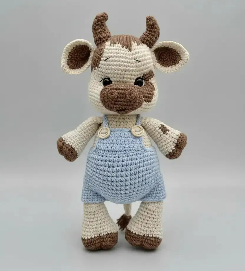 Crochet Cute Cow Toy in Blue Jumpsuit and Rattle Toy Gift Set 2pc
