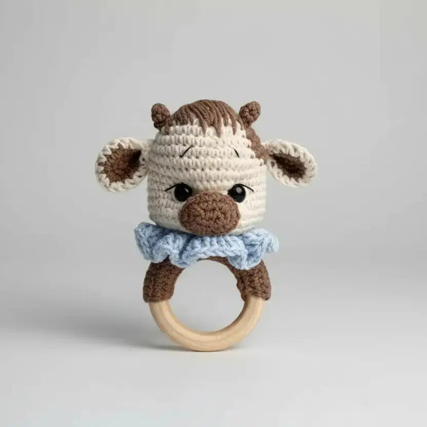 Crochet Cute Cow Toy in Blue Jumpsuit and Rattle Toy Gift Set 2pc