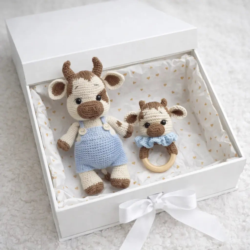 Crochet Cute Cow Toy in Blue Jumpsuit and Rattle Toy Gift Set 2pc