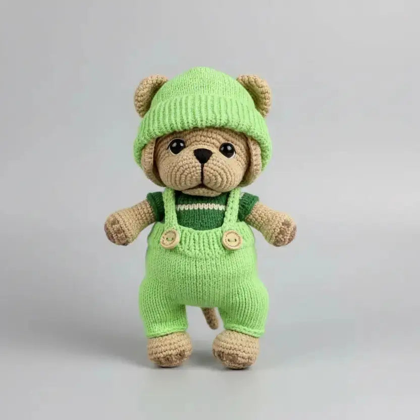 Handmade Crochet Dog Toy in Green Jumpsuit and Cap
