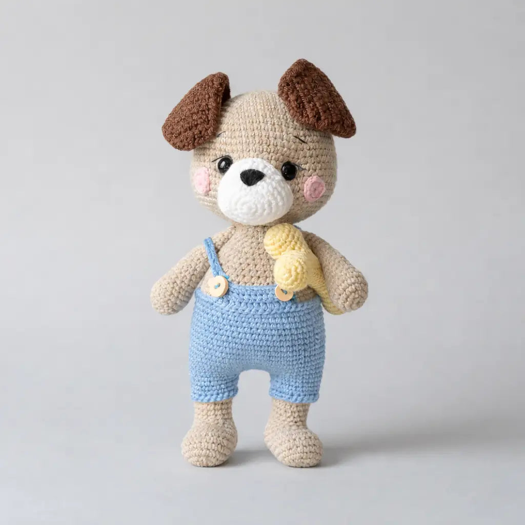 Handmade Crochet Dog Toy in Blue Jumpsuit with Bone