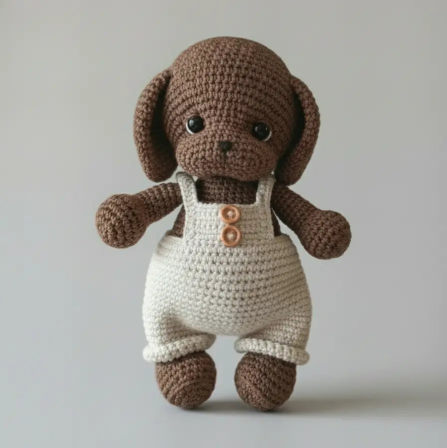Handmade Crochet Dog in Beige Jumpsuit