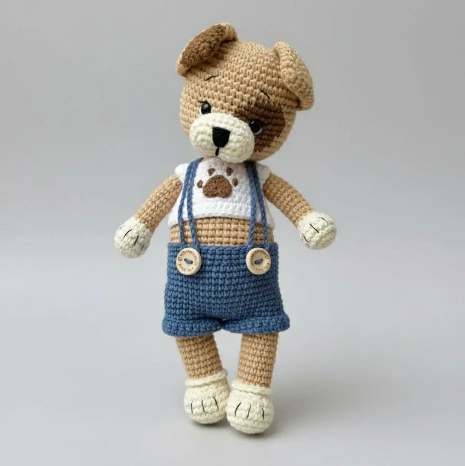 Handmade Crochet Dog Toy in Blue Jumpsuit