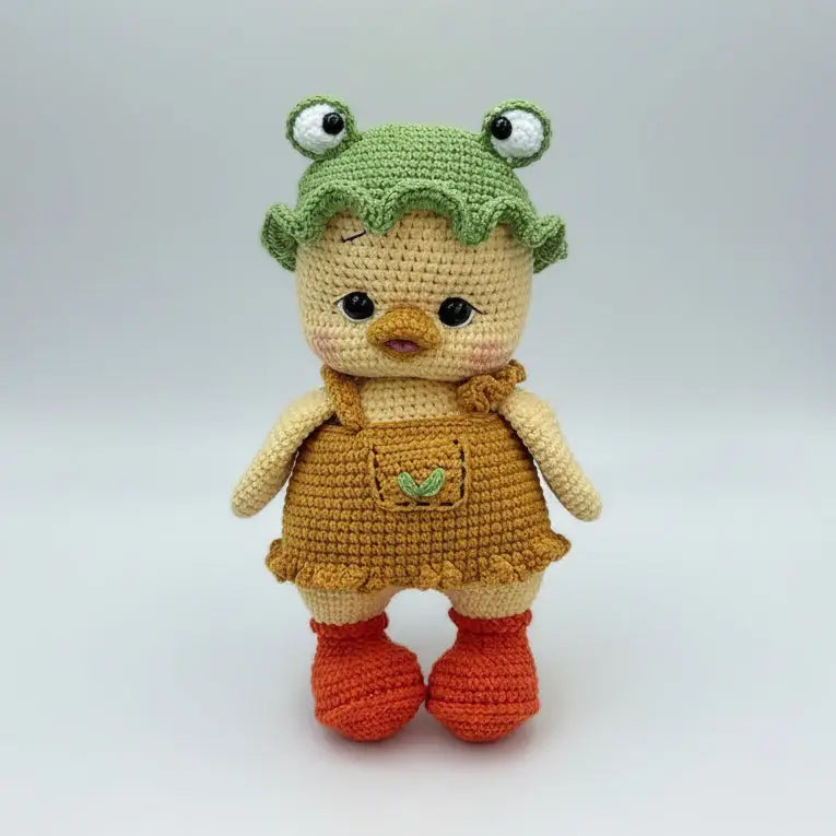 Handmade Crochet Duck Toy with Frog Hat