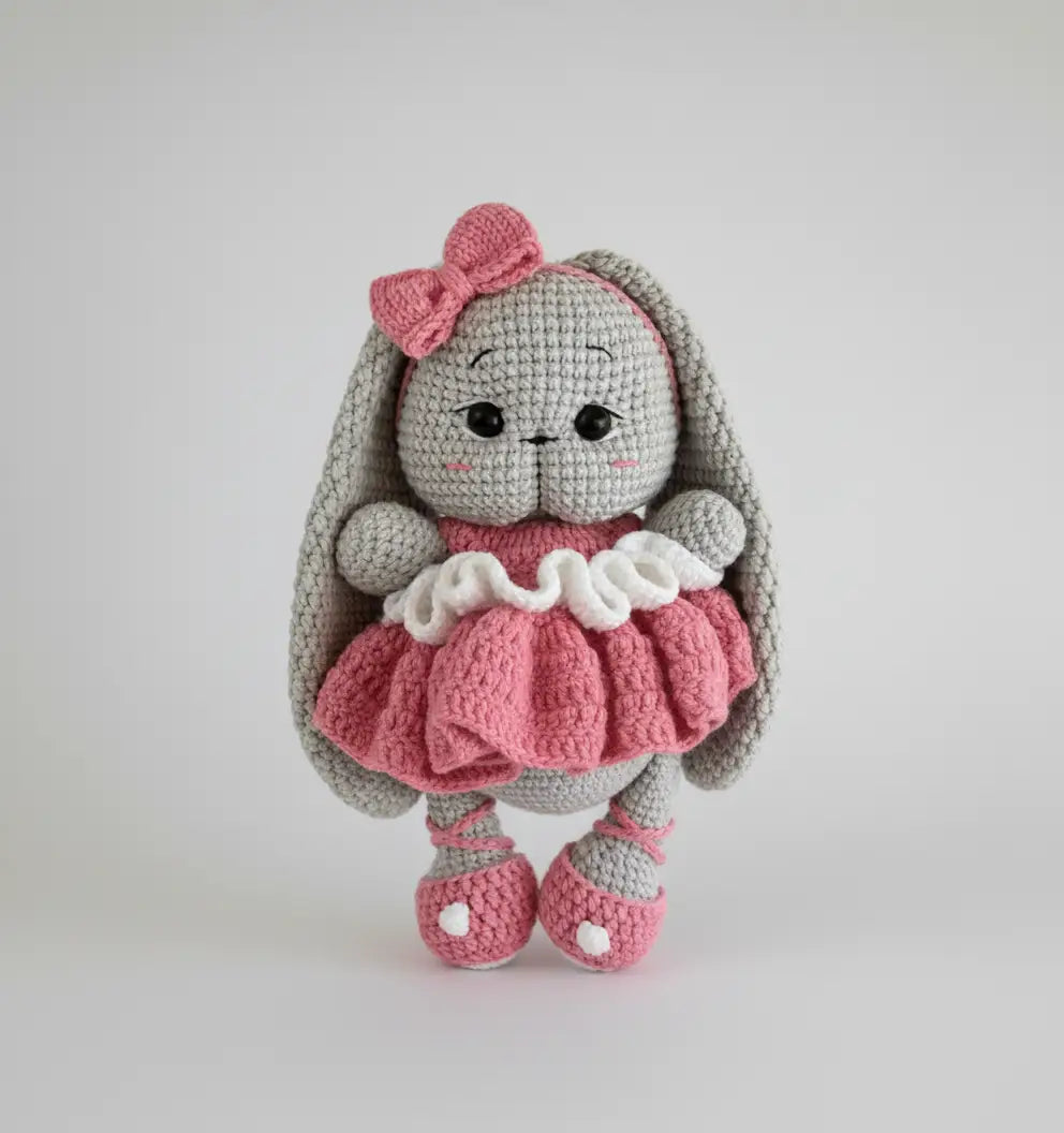 Handmade Crochet Long Ear Bunny Toy in Grey