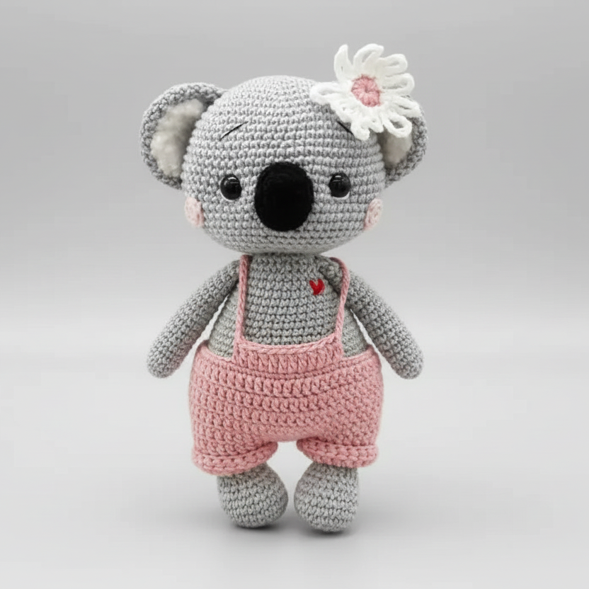 Handmade Crochet Koala Toy in Pink Jumpsuit