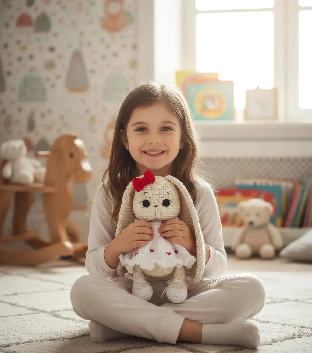 Handmade Crochet Long Ear Bunny Toy in White Dress