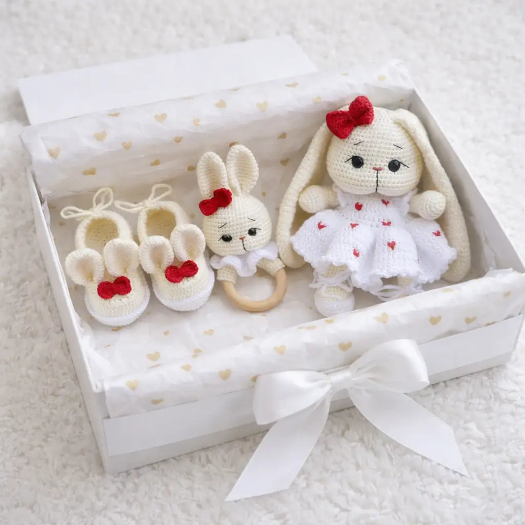 Handmade Crochet Long Ear Bunny Toy in White Dress