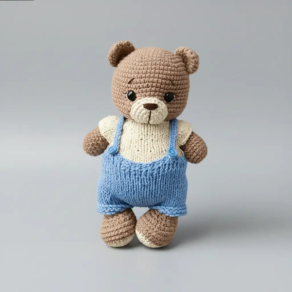 Handmade Crochet Teddy Bear Toy in Blue Jumpsuit and White Jumper