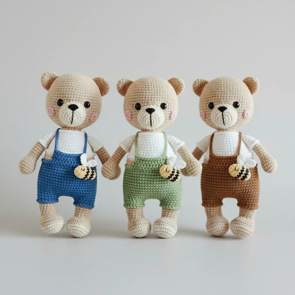 Handmade Crochet Teddy Bear Toy in Jumpsuit with Bee