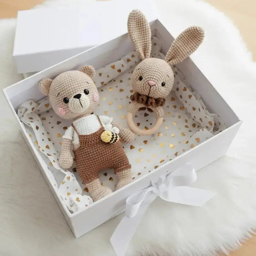 Handmade Crochet Teddy Bear Toy in Jumpsuit with Bee