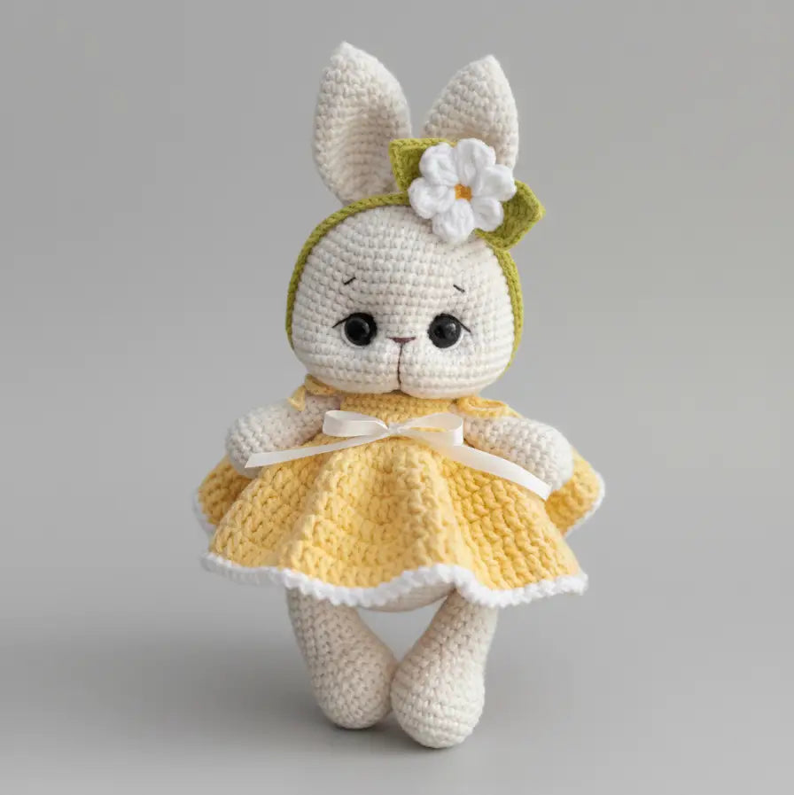 Handmade Crochet Bunny Toy in Yellow Dress with Daisy Headband