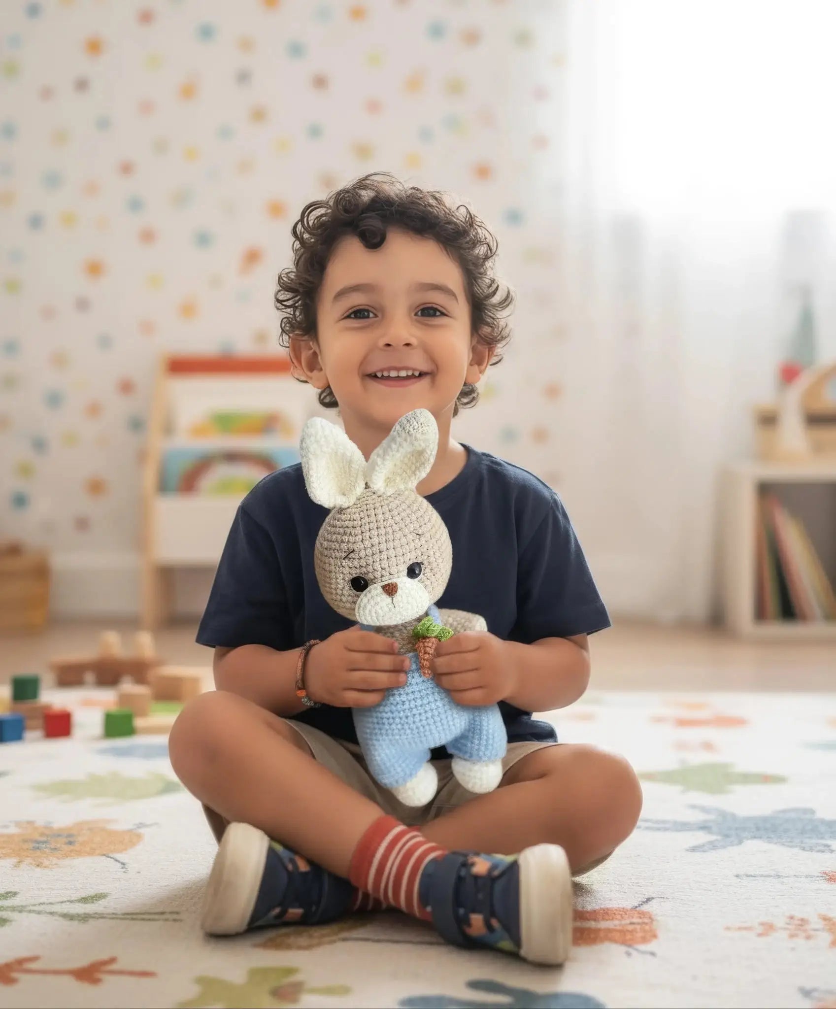 Handmade Crochet Bunny Toy in Blue Jumpsuit