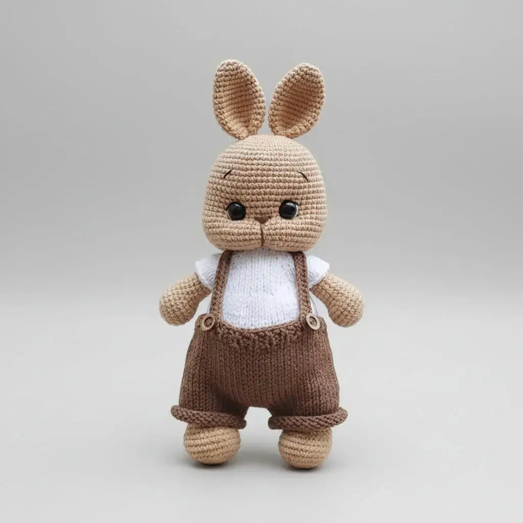 Handmade Crochet Bunny Toy in Brown Jumpsuit and White Jumper