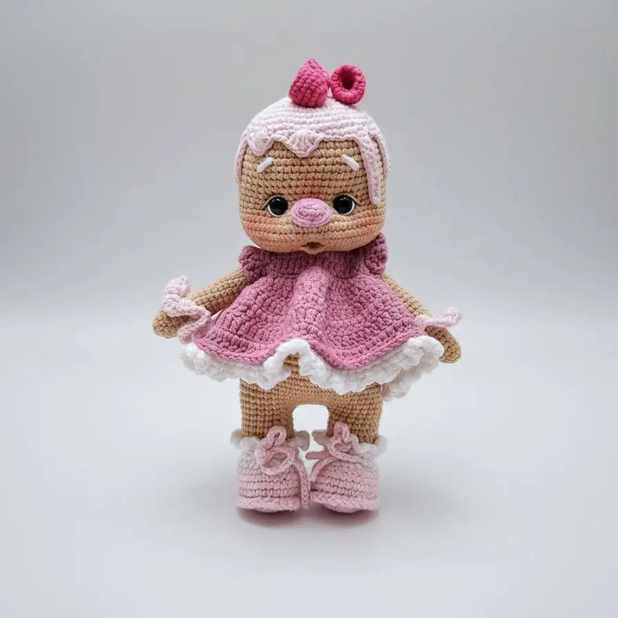 Handmade Crochet Cute Gingerbread Doll in Fancy Pink Dress - Christmas Decoration & Gift