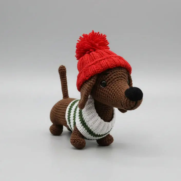 Crochet Dachshund Dog Toy, Sausage Dog Amigurumi with Red Hat, Gift for Dog Lovers