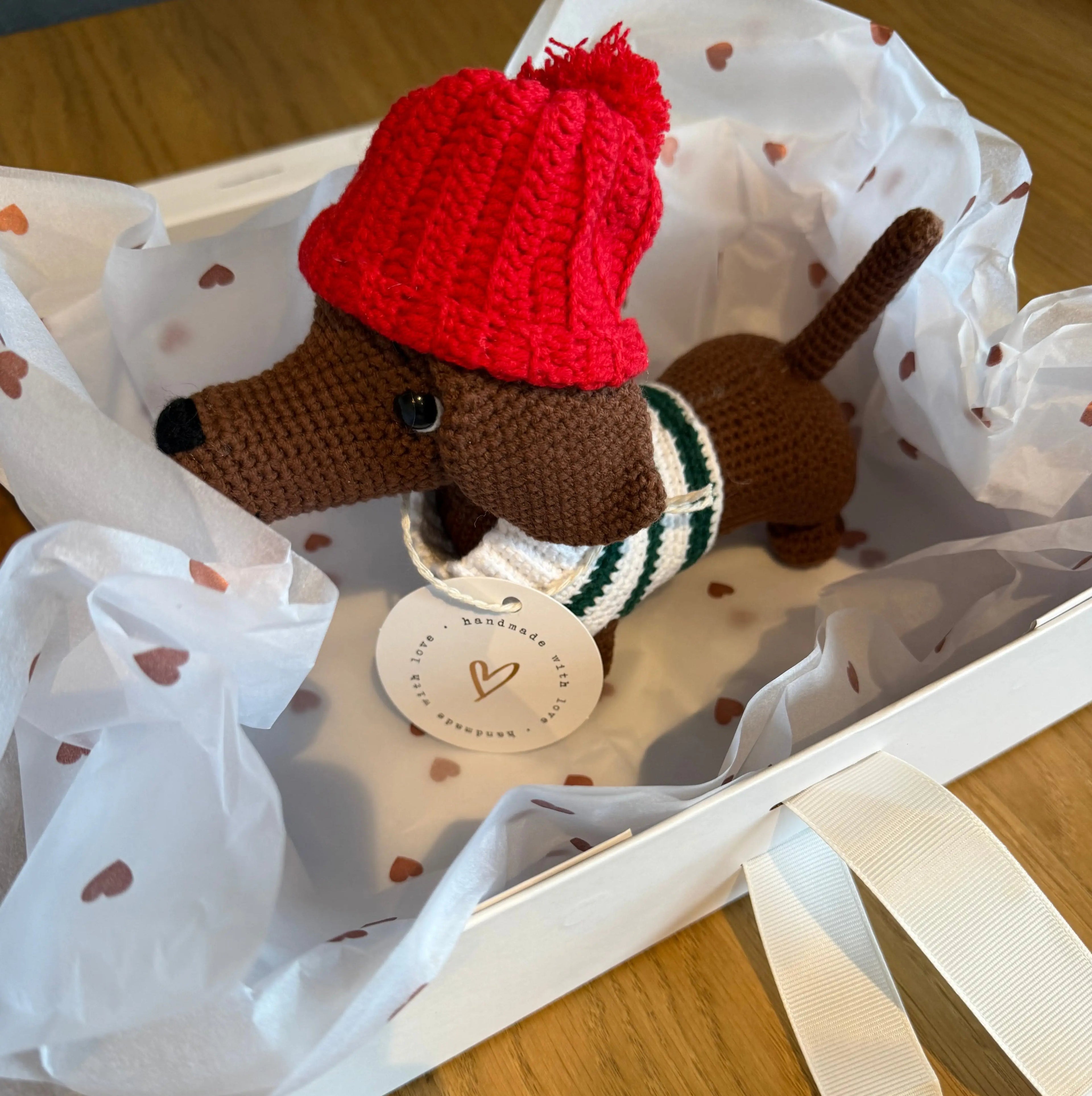 Crochet Dachshund Dog Toy, Sausage Dog Amigurumi with Red Hat, Gift for Dog Lovers