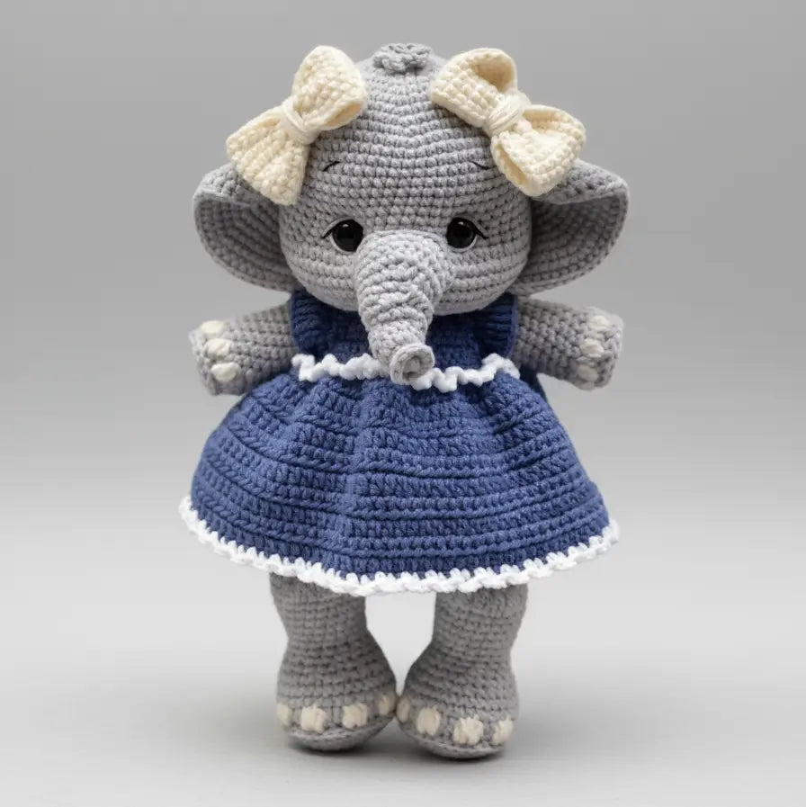 Handmade Crochet Elephant Toy in Blue Dress with Yellow Bow