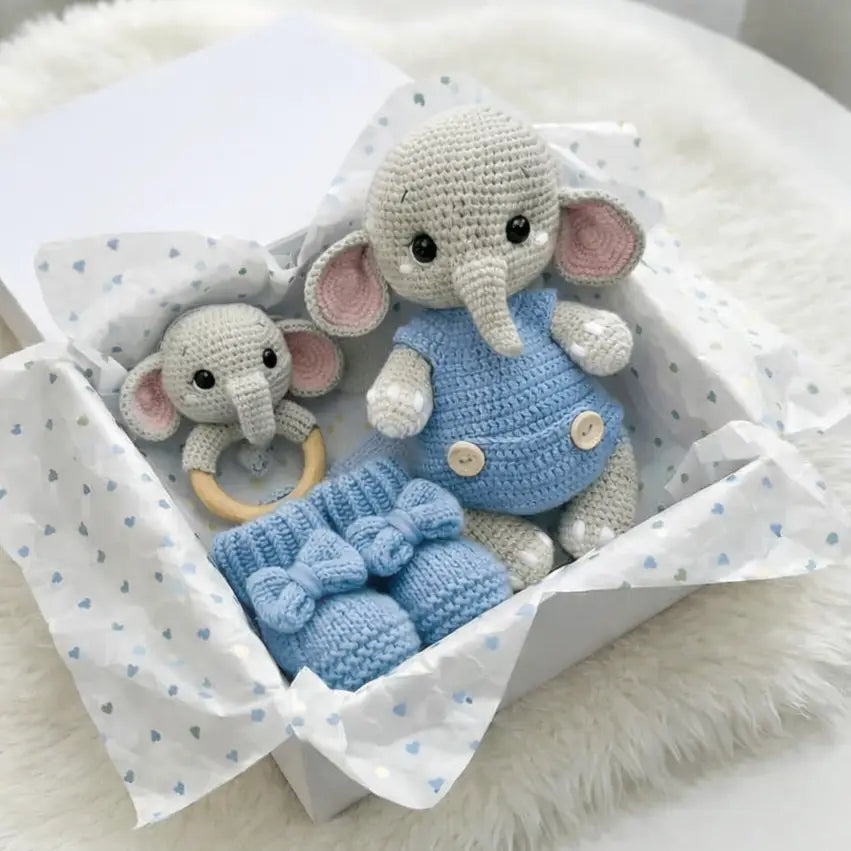 Handmade Crochet Elephant Toy in Blue Jumper