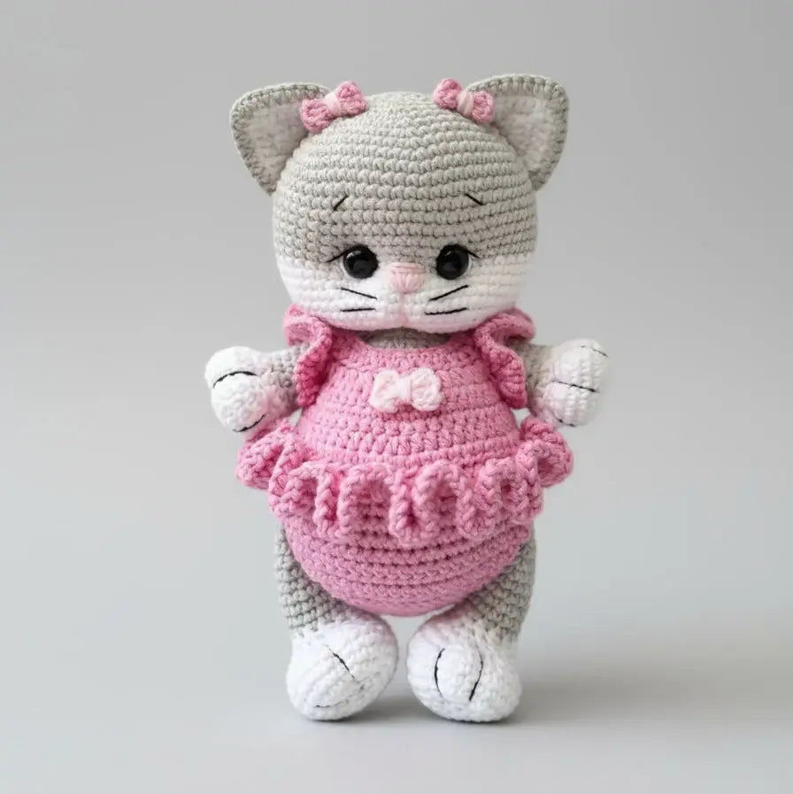 Handmade Crochet Kitten Toy in Pink Jumpsuit