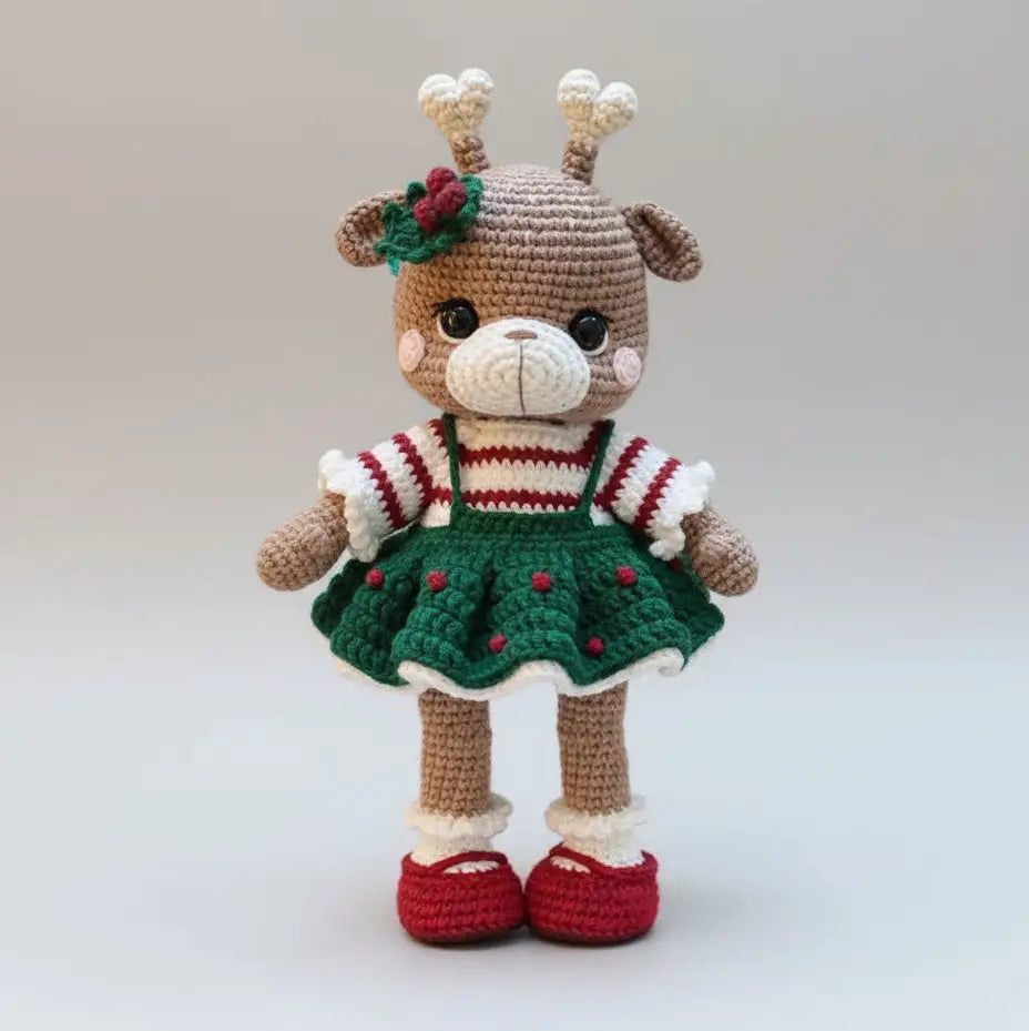 Handmade Crochet Reindeer Toy in Xmas Dress