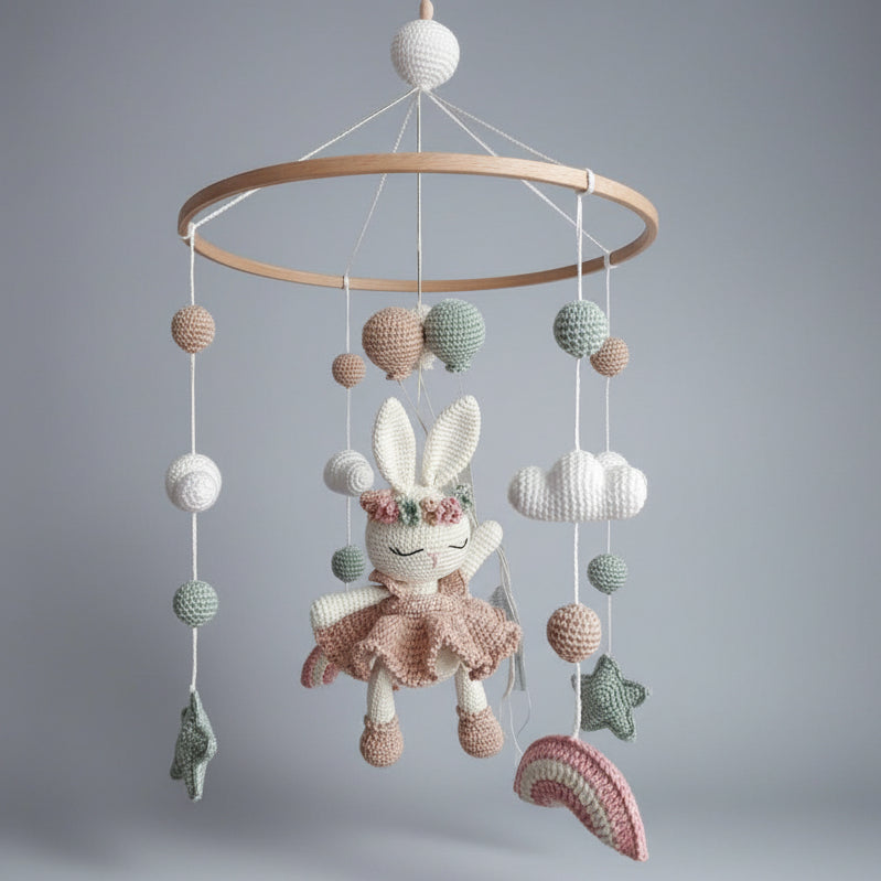 Crochet Bunny with Rainbow, Cloud and Stars Baby Mobile 🐰🌈