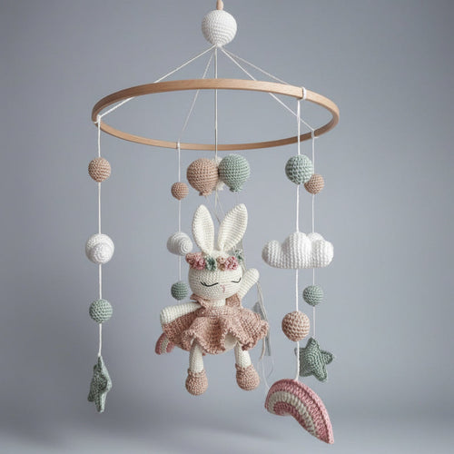 Crochet Bunny with Rainbow, Cloud and Stars Baby Mobile 🐰🌈