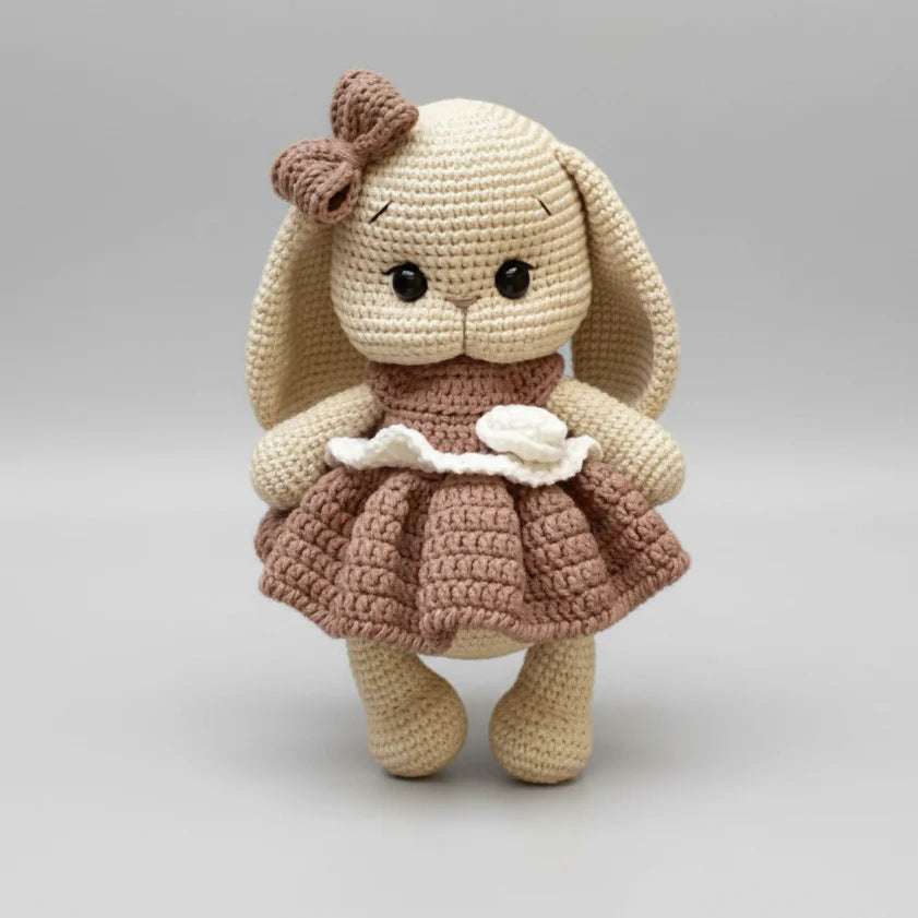 Handmade Crochet Bunny Toy in Brown Dress