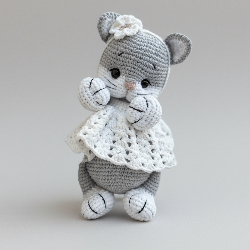 Handmade Crochet Kitten Toy in White Dress