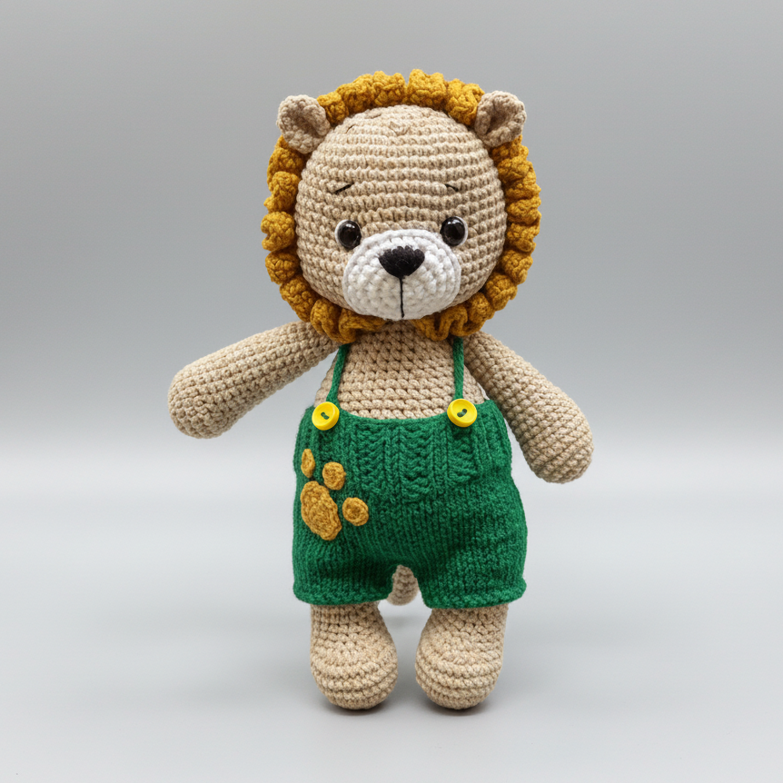 Handmade Crochet Lion Toy in Green Jumpsuit