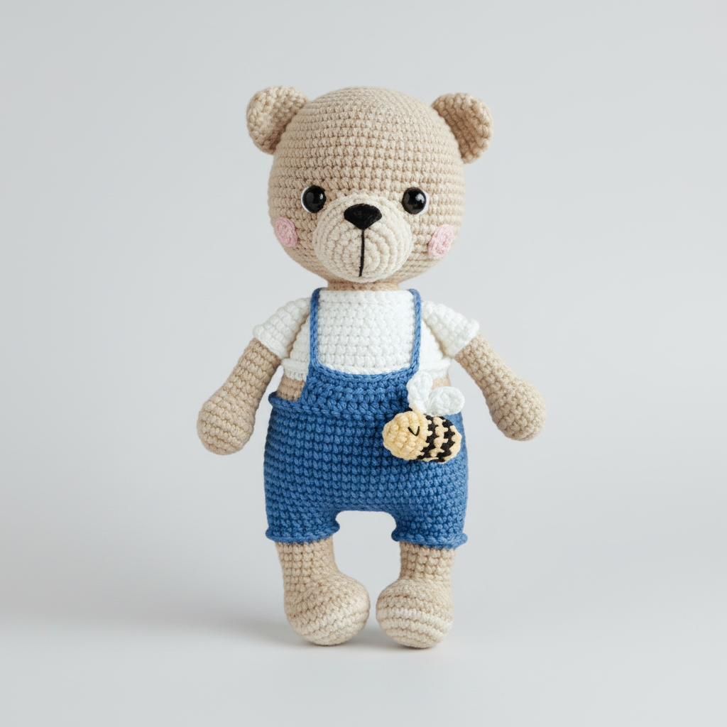 Handmade Crochet Teddy Bear Toy in Jumpsuit with Bee