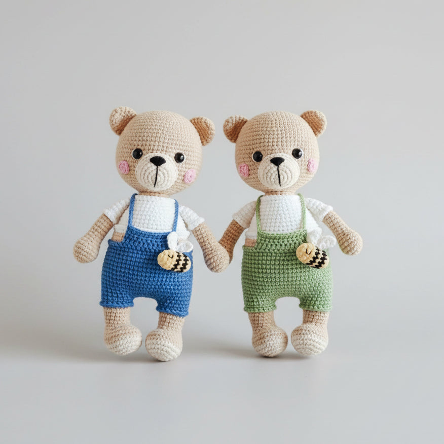 Handmade Crochet Teddy Bear Toy in Jumpsuit with Bee